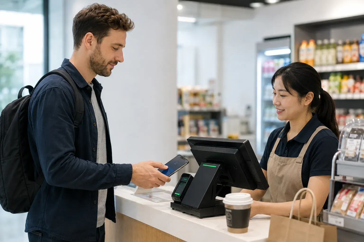 Foreign traveler completing a mobile payment at a staffed retail counter in China