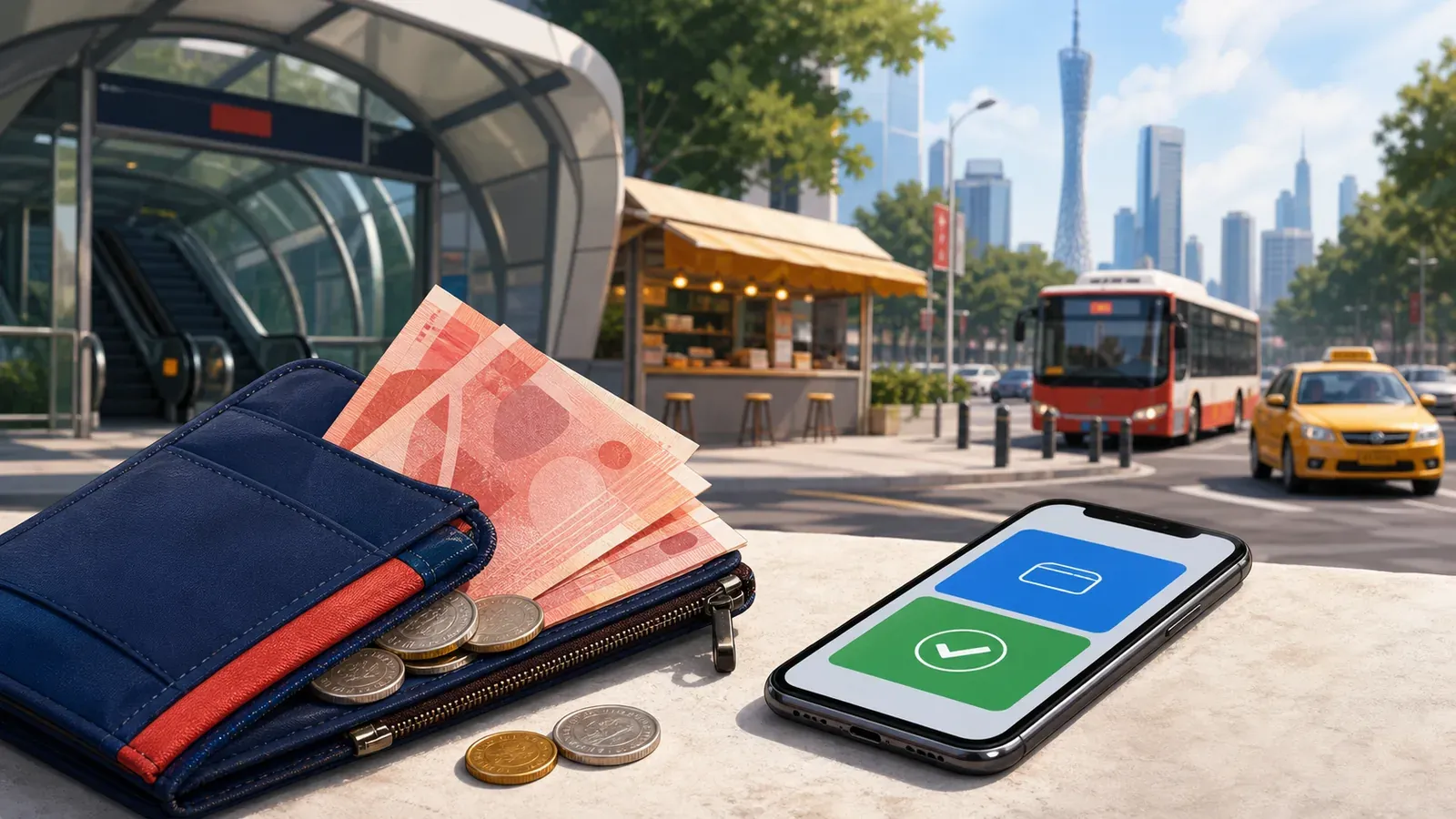RMB cash in a travel wallet beside a mobile payment phone in Guangzhou
