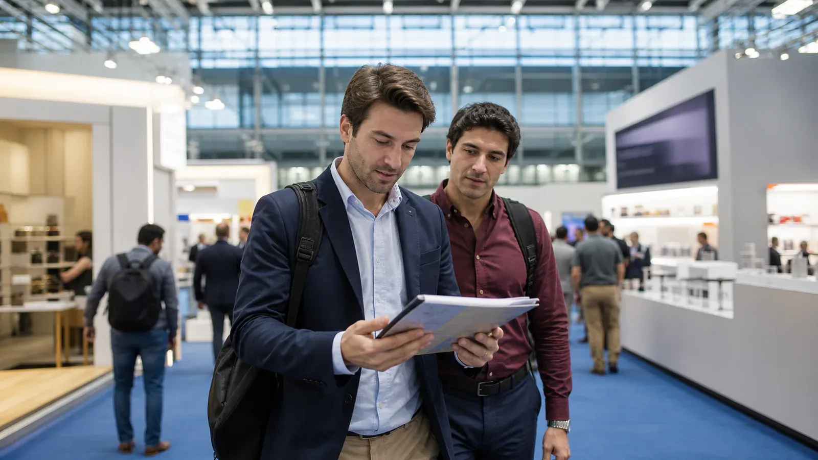 Overseas buyers reviewing their visit plan inside a large Guangzhou trade exhibition