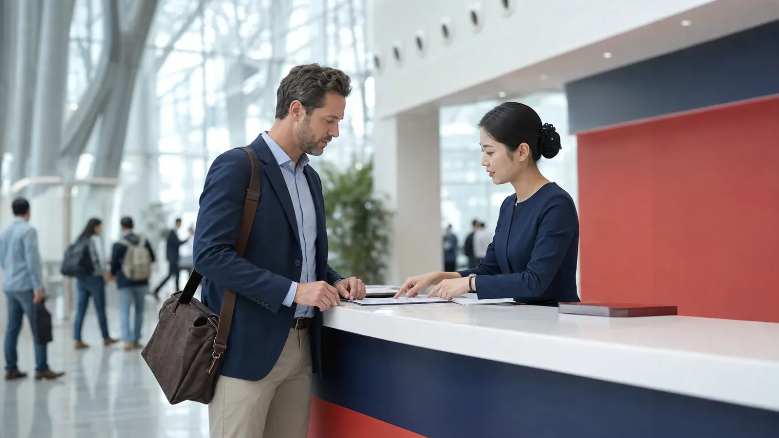 Overseas business traveler confirming registration details at an exhibition service counter