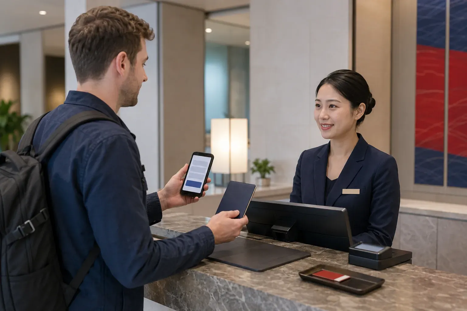 Foreign traveler presenting a passport and booking confirmation at a modern hotel reception in China