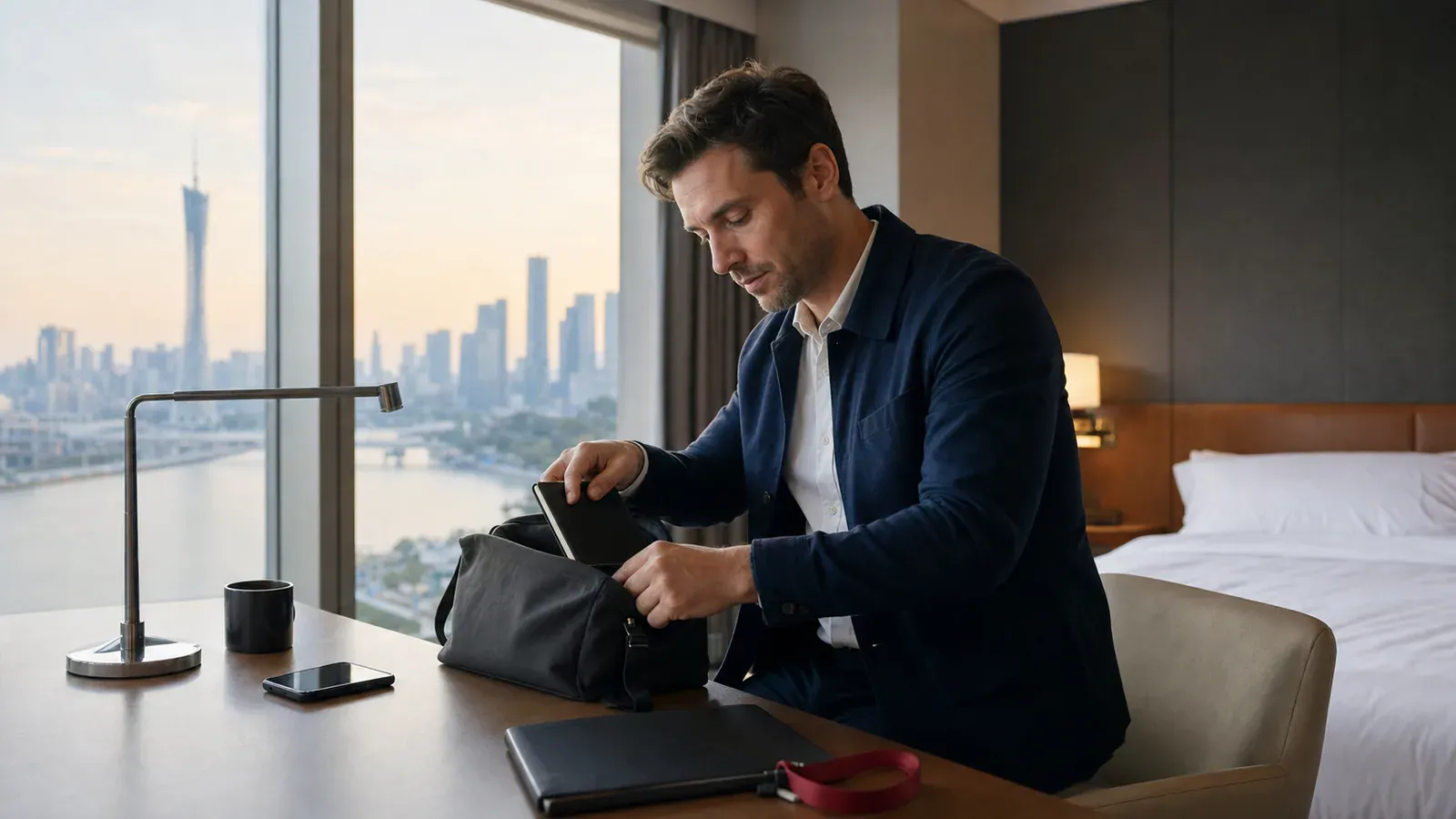 Business traveler reviewing a Guangzhou hotel plan before attending a large trade exhibition